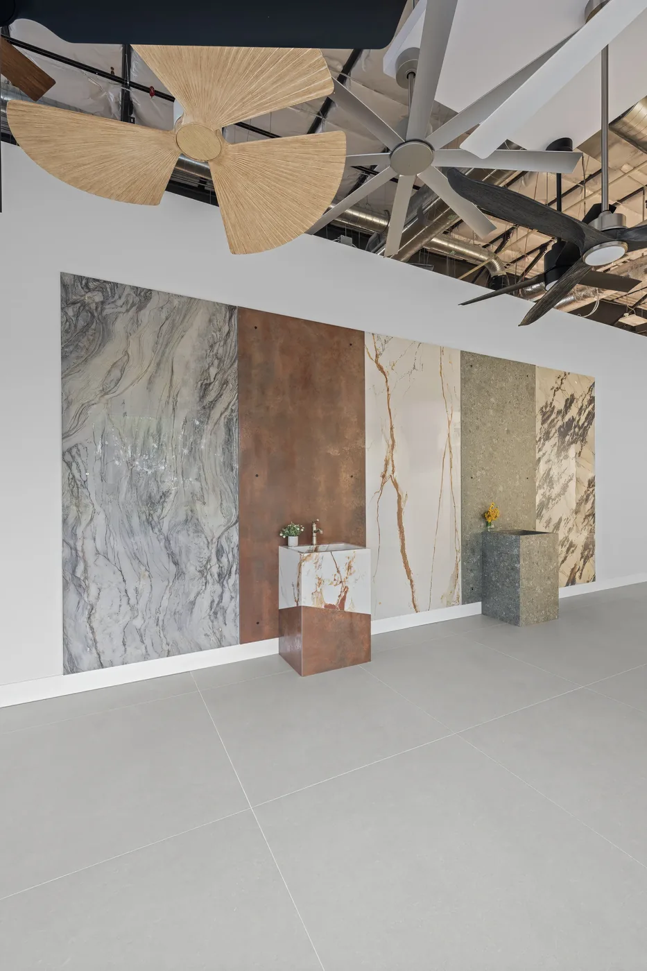 Large-format porcelain slabs displayed in the Barry Neal showroom